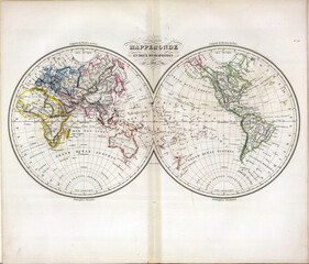 Antique 1865 map of the world showing two hemispheres