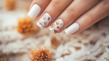 Neatly manicured hands showcase white nails adorned with delicate autumn leaf designs, surrounded by warm seasonal decor