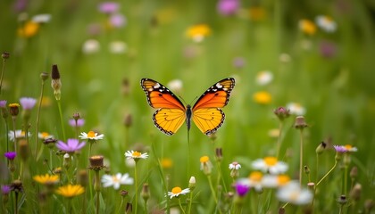 Vibrant Monarch Butterfly Resting on Wildflowers in a Green Meadow