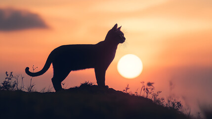Elegant Sunset Silhouette of Majestic Feline Poised On Hill Embracing Nature's Mystique