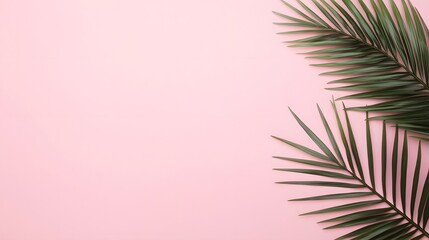 Pink Background with Tropical Palm Leaves Minimalist Summer Design Elegant Greenery