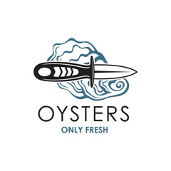 label of fresh oyster shell and knife isolated on white background