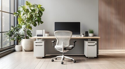 A modern home office workspace features a sleek desk with a comfortable mesh office chair, a large monitor, and potted plants adding a touch of