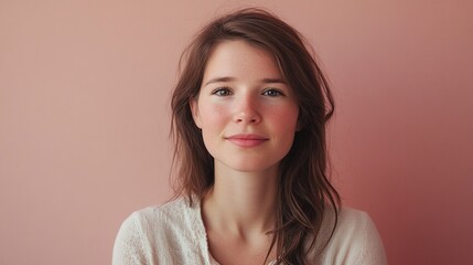 Fototapeta premium Portrait of an attractive young woman, looking at the camera with a neutral expression and a slight smile on her face against a pink background. 