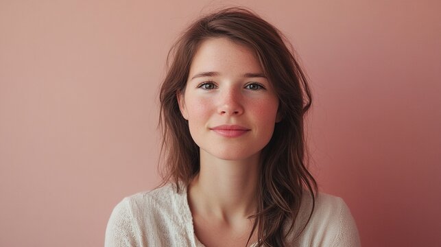 Portrait of an attractive young woman, looking at the camera with a neutral expression and a slight smile on her face against a pink background. 