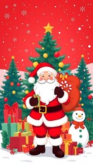 Santa Claus with Gifts, Christmas Celebration Scene, Festive Holiday Illustration, Merry Christmas Vector - Santa with Presents and Holiday Decorations, Christmas Cheer Santa Claus Holding Background
