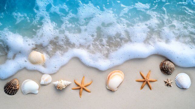 Various seashells and starfish arranged along a sandy beach shore