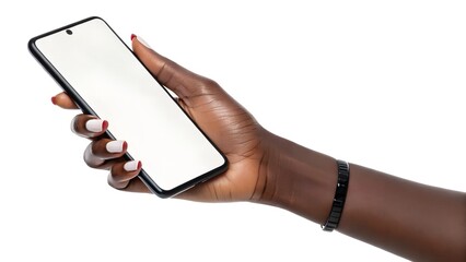A dark-skinned woman's hand holds a modern smartphone with a blank white screen, isolated against a pure white background.
