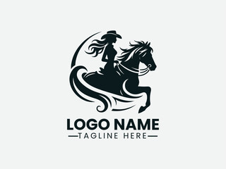 Cowgirl Silhouette Riding Horse Logo Design, Western Cowgirl Logo