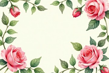 Naklejka premium Delicate watercolor roses, climbing ivy, on a cream background , floral pattern, romantic
