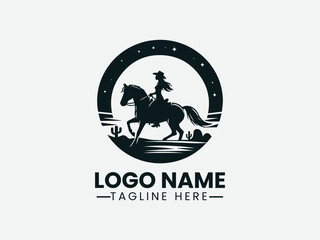 Cowgirl Silhouette Riding Horse Logo Design, Western Cowgirl Logo