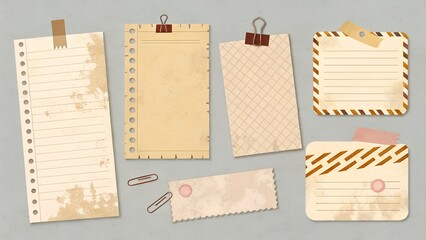 A collection of vintage-style paper notes and memo pads arranged on a textured light gray background.