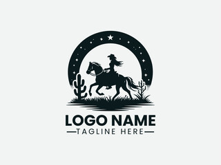 cowgirl silhouette riding horse under full moon. Western adventure logo