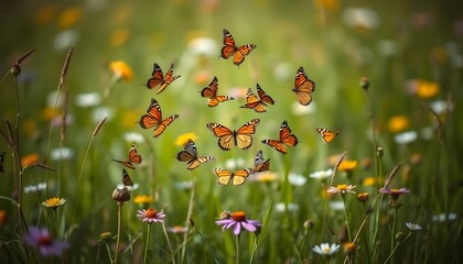 Swarm of Monarch Butterflies Flying Over a Wildflower Meadow in Spring