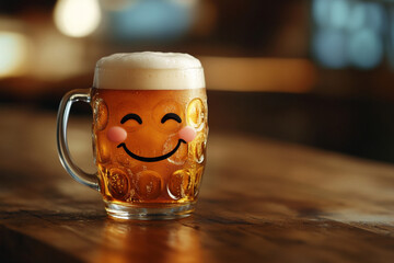There is a glass of beer with a smiley face on it