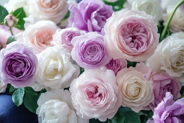 Obraz premium Pastel roses bouquet, close-up, soft lighting, floral arrangement on dark surface