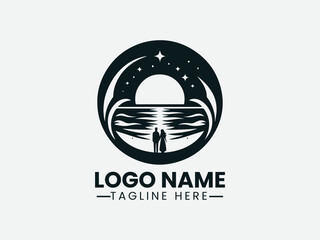 Couple Watching Sunset on Beach Logo Design, Sunset Beach Couple Logo, Romantic Sunset Beach Logo