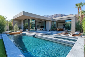 Fototapeta premium Front view of a modern house with a pool and patio area, showcasing contemporary architecture, concrete pavers, and a landscaped backyard, perfect for stylish home decor.