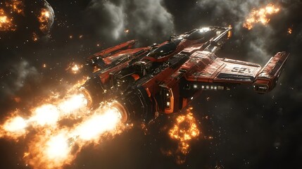 A futuristic red spaceship accelerates through a fiery nebula amidst exploding asteroids and cosmic dust in deep space.