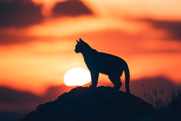 Elegant Sunset Silhouette of Majestic Feline Poised On Hill Embracing Nature's Mystique