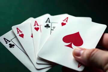 Obraz premium Four aces fanned out, showing detail of card design , background, detail