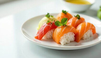 Fresh sushi platter on white, minimalist setting, design, white background