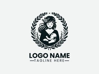 mother holding baby within floral wreath. Maternal love