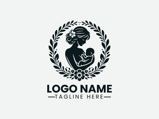 mother holding baby within floral wreath. Maternal love