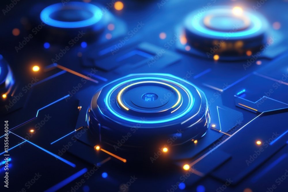 Poster Futuristic digital network concept showcases interconnected nodes in layered style with glowing blue gradients, representing modern technological advancements
