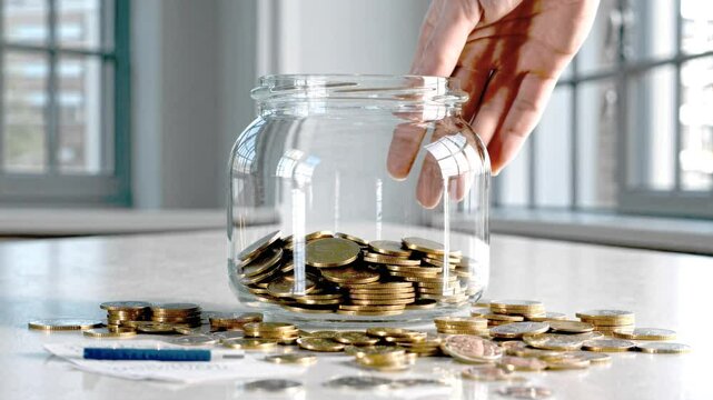 Glass jar filled with golden coins, hand adding more coins, scattered coins on light surface near window, financial planning concept