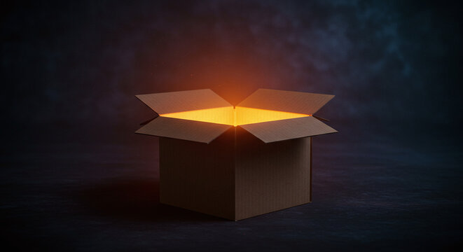 caja de cart&oacute;n abierta emitiendo luz de su interior