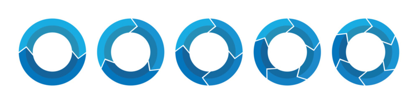 Blue circle arrow. Diagram infographic set. Rotation cycle vector. 2, 3, 4, 5, 6 parts.