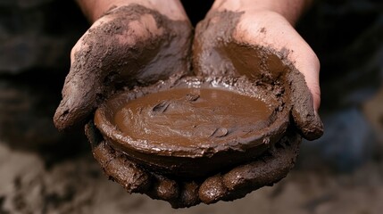 Hands holding a small, clay bowl filled with muddy water