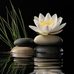Fototapeta premium Peaceful water lily on zen stones, serene still life, for relaxation, meditation, or nature photography