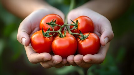 A farmer's hands gently cradle a cluster of ripe red tomatoes freshly picked from the vine in a garden.