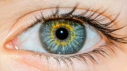 Closeup of a Human Eye with Intricate Patterns in Blue, Green, and Yellow Tones