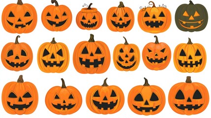Variety of Smiling Halloween Pumpkins in Different Expressions on White Background