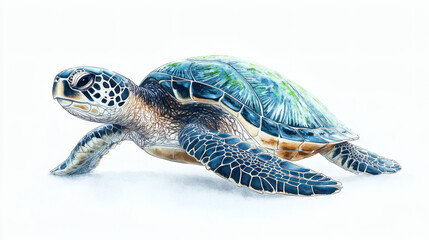 Sea Turtle Crawling with Green and Black Shell Isolated Against White Background with AI Disturbances