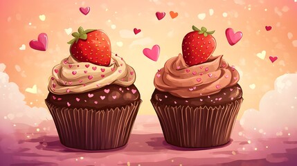 Delicious Chocolate and Strawberry Cupcakes with Vibrant Colored Hearts for Pastry Advertisement