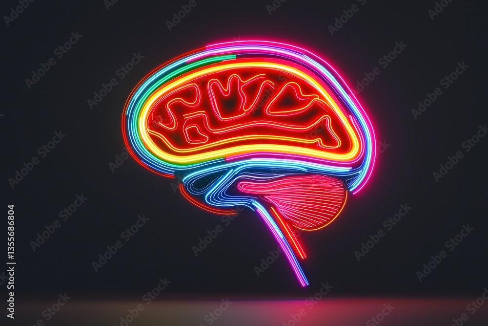 Poster a vibrant neon representation of a brain, showcasing colorful light patterns against a dark backgrou