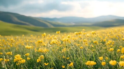 Fototapeta premium A breathtaking panoramic view of a vibrant yellow wildflower meadow stretching across rolling green hills under a partly cloudy sky.