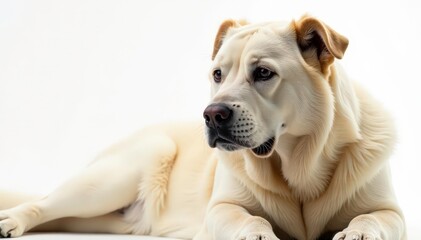 Imposing mastiff, serene expression, pristine white backdrop, fur, photography, mastiff