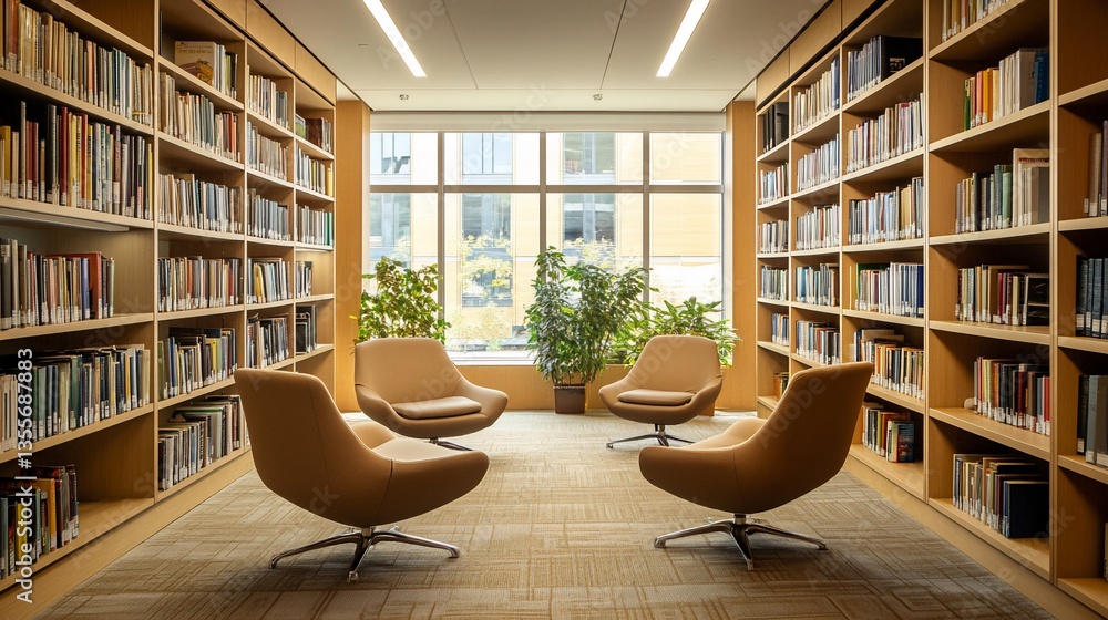 Poster comfortable reading area in a modern library with soft lighting and large window