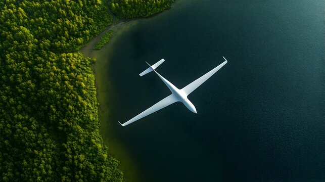 A sleek white glider plane soars gracefully above a tranquil lake led amongst lush green vibrant tropical forests.