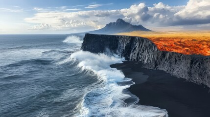 Fototapeta premium Dramatic Ocean Waves Crashing Volcanic Coastline Aerial View