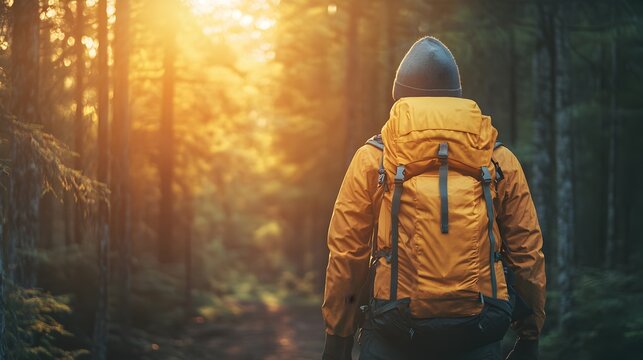 A lone hiker with a large yellow backpack walks along a forest path at sunset enjoying the golden light.