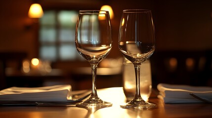 Two empty wine glasses sit on a romantic restaurant table set for a dinner date with candles and warm lighting.