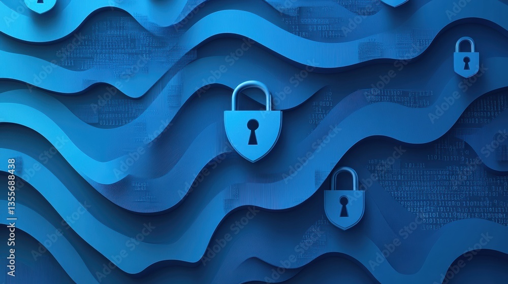 Poster Cybersecurity background in paper art style featuring layered locks and encrypted codes in modern blue gradients