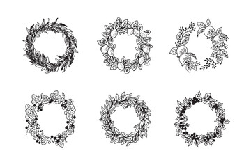 木の実リース6種セット,果物,木の実,リース,アンティーク,Set of 6 Hand-drawn Antique Style Nut and Fruit Wreath Illustrations;Botanical, Nature, Rustic, Vintage, and Natural Elements