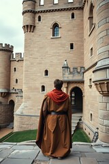 Fototapeta premium Person In Monastic Garb Stands Before A Grand Stone Castle, His Back Turned, Gazing Up At The Architecture With A Sense Of Awe